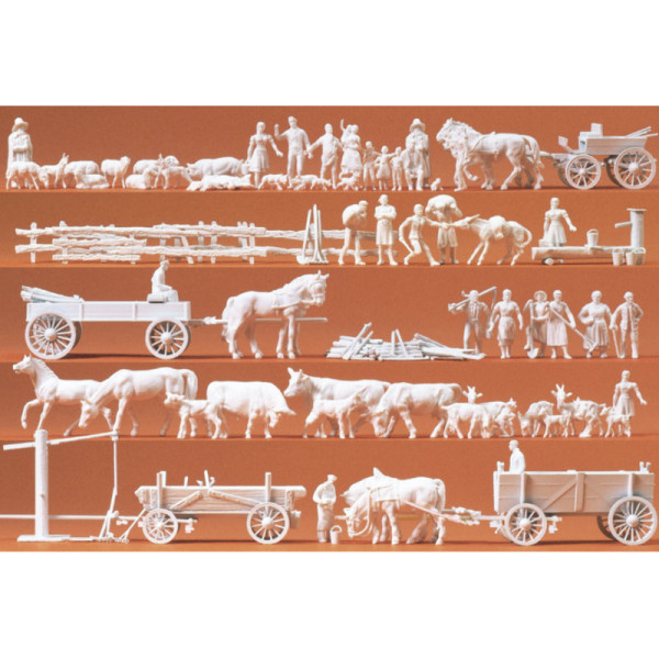 Unpainted Farm People Animals and Farm Carts Preiser 16327