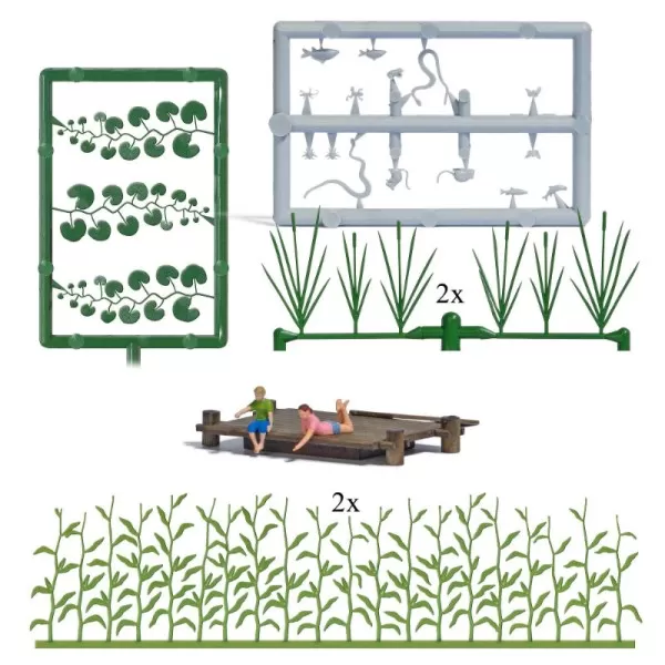 Wooden Jetty water plants, grasses and Children. Busch 79818 OO