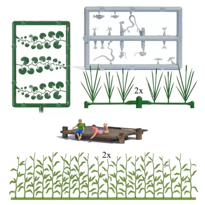 Wooden Jetty water plants, grasses and Children. Busch 79818 OO