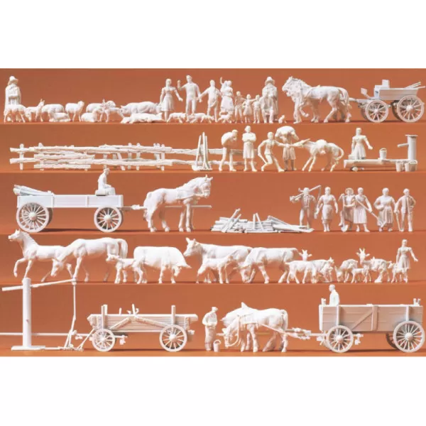 Unpainted Farm People Animals and Farm Carts Preiser 16327
